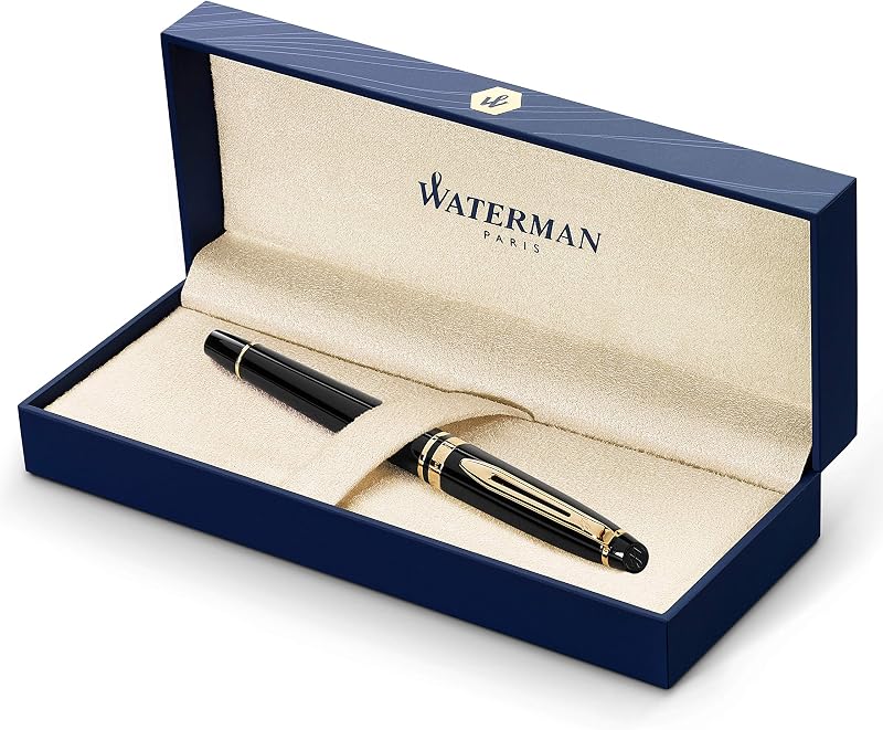 Waterman Expert Fountain Pen Gloss Black 23k Gold Trim Fine Nib Gift Box