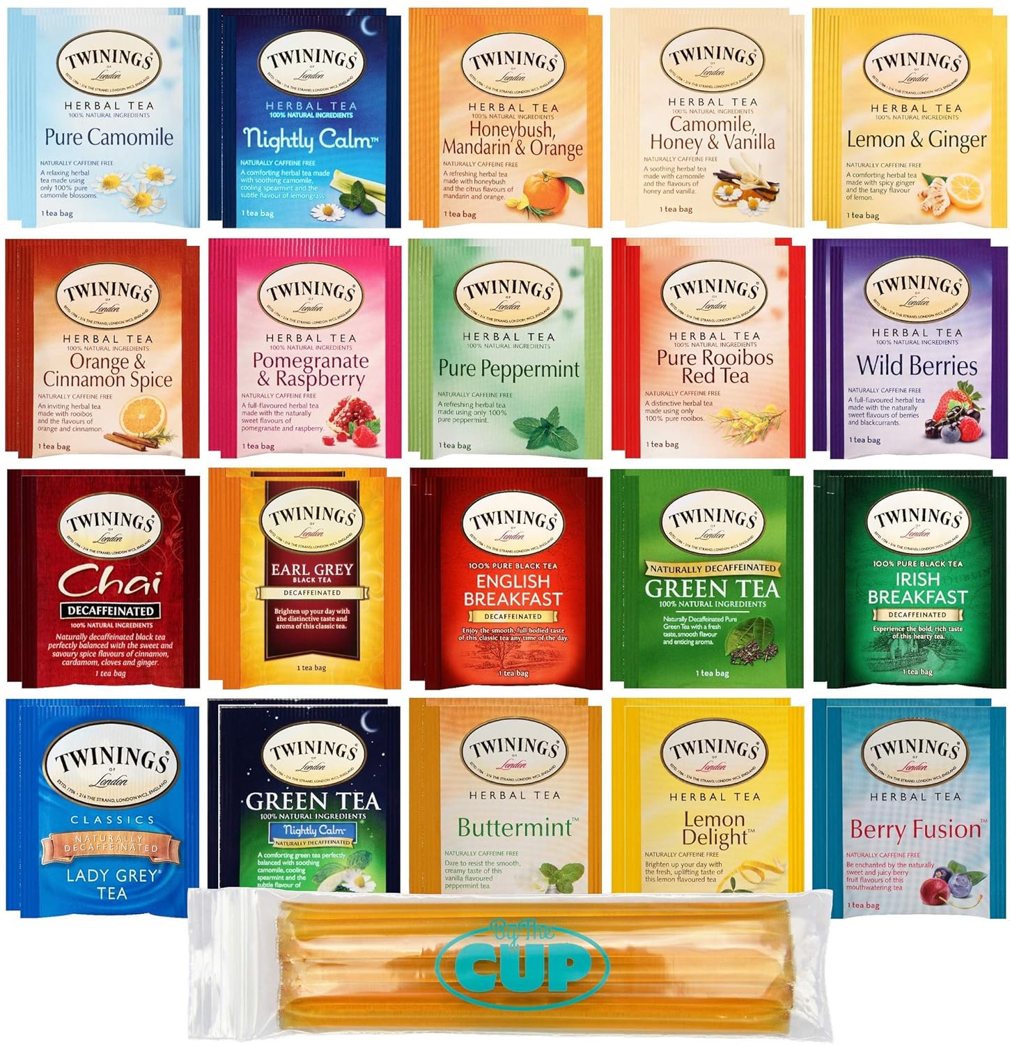 Twinings Herbal & Decaf Tea Sampler 40 Ct Assortment with By The Cup Honeysticks