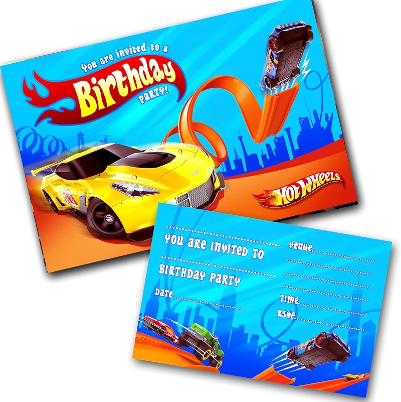 Invitebay Hot Wheels Party Invitations Pack & Envelopes 15 Count Write On