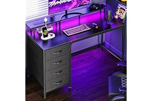 Huuger 47 Inch Computer Desk with Power Outlets and LED Lights, Gaming Desk with 4 Drawers, Office Desk with Monitor Stand, Study Work Home Office, Small Spaces, Black