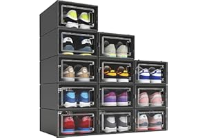 MELDEVO 12 Pack Shoe Organizer Boxes, Black Plastic Stackable Shoe Storage Bins For Closet, Space Saving Shoe Holder Sneaker Display Case for Medium Size Shoes