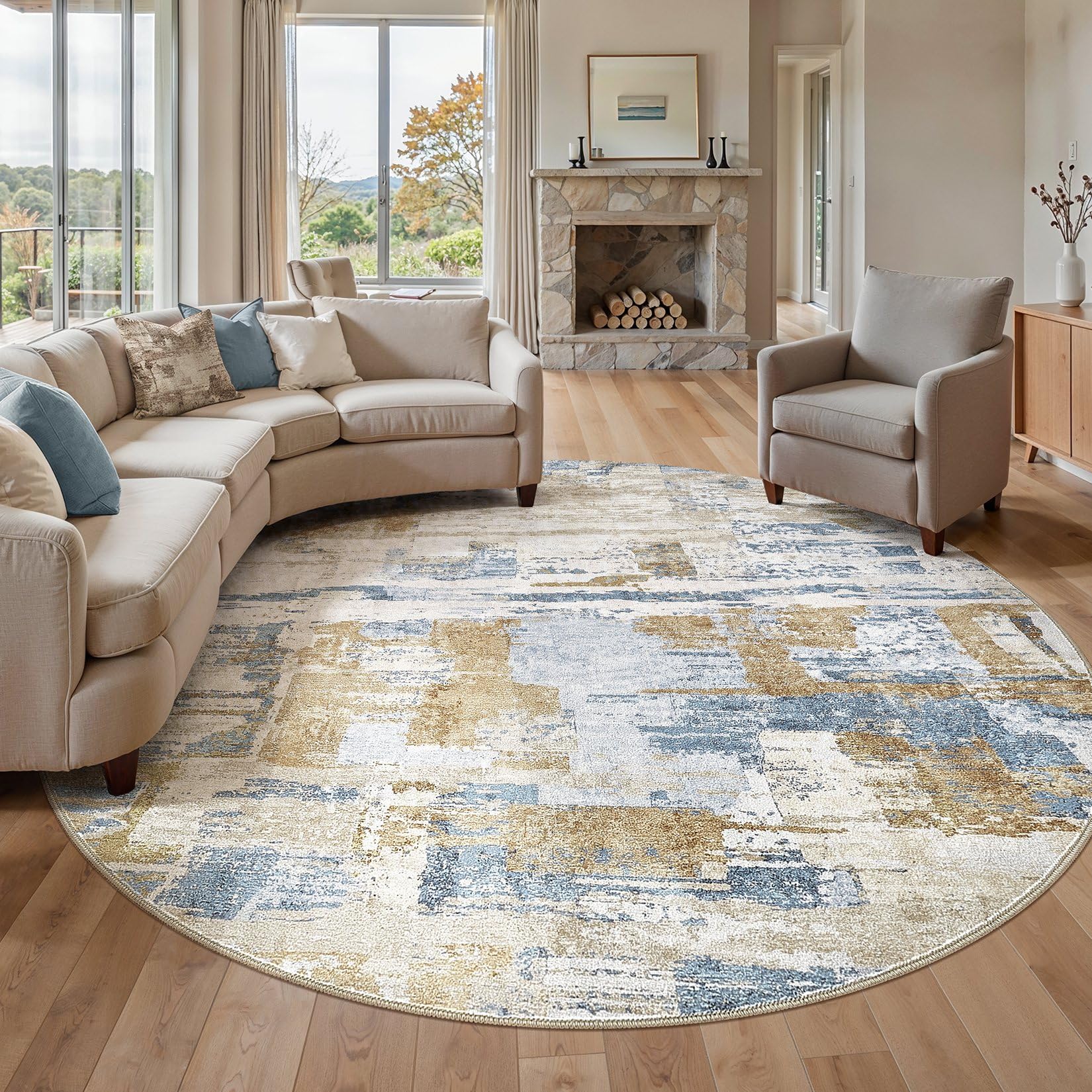 Photo 1 of Abstract Living Room Rug Round 10FT - Modern Washable Soft Thin Area Rug for Living Room Bedroom Under Dining Table - Neutral Indoor Floor Rug Carpets for Home Office Playroom Nursery - Blue