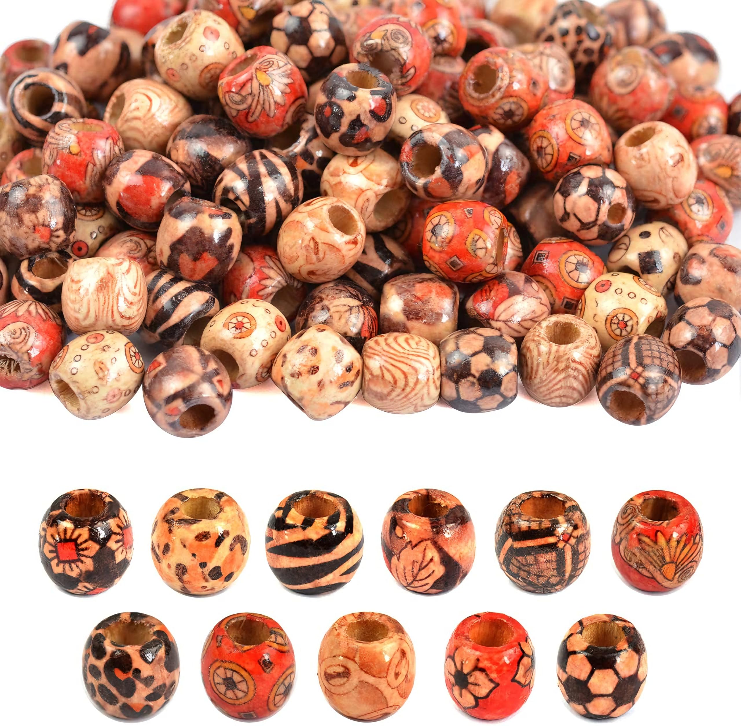 300pcs 12mm Natural Painted Wood Hair Beads Round Loose Wooden Bead for Jewelry Making DIY Macrame Rosary Bracelet Necklace Hair Crafts