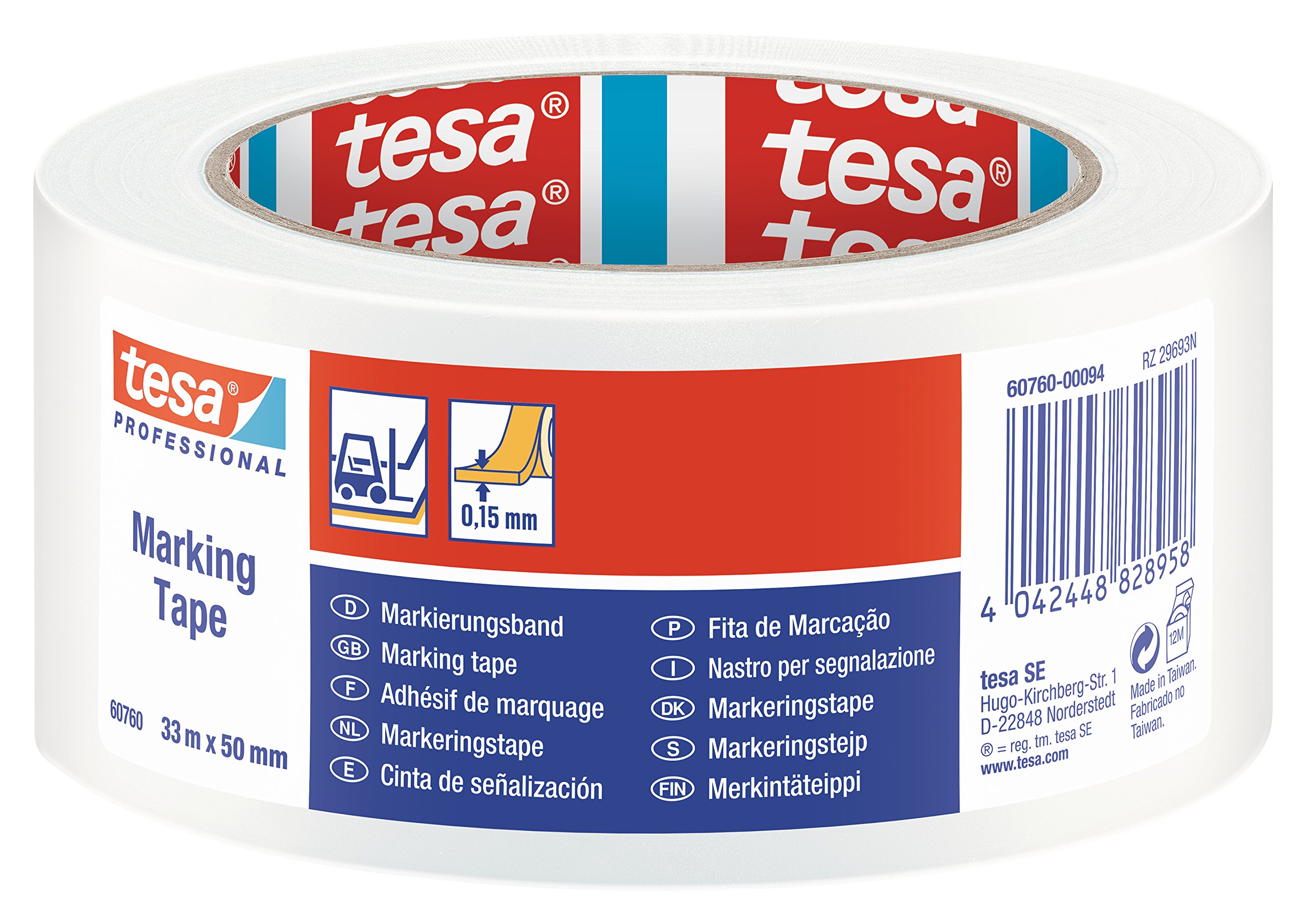 tesa PVC Floor and Lane Sports Hall Marking Tape, 33 m x 50 mm - White