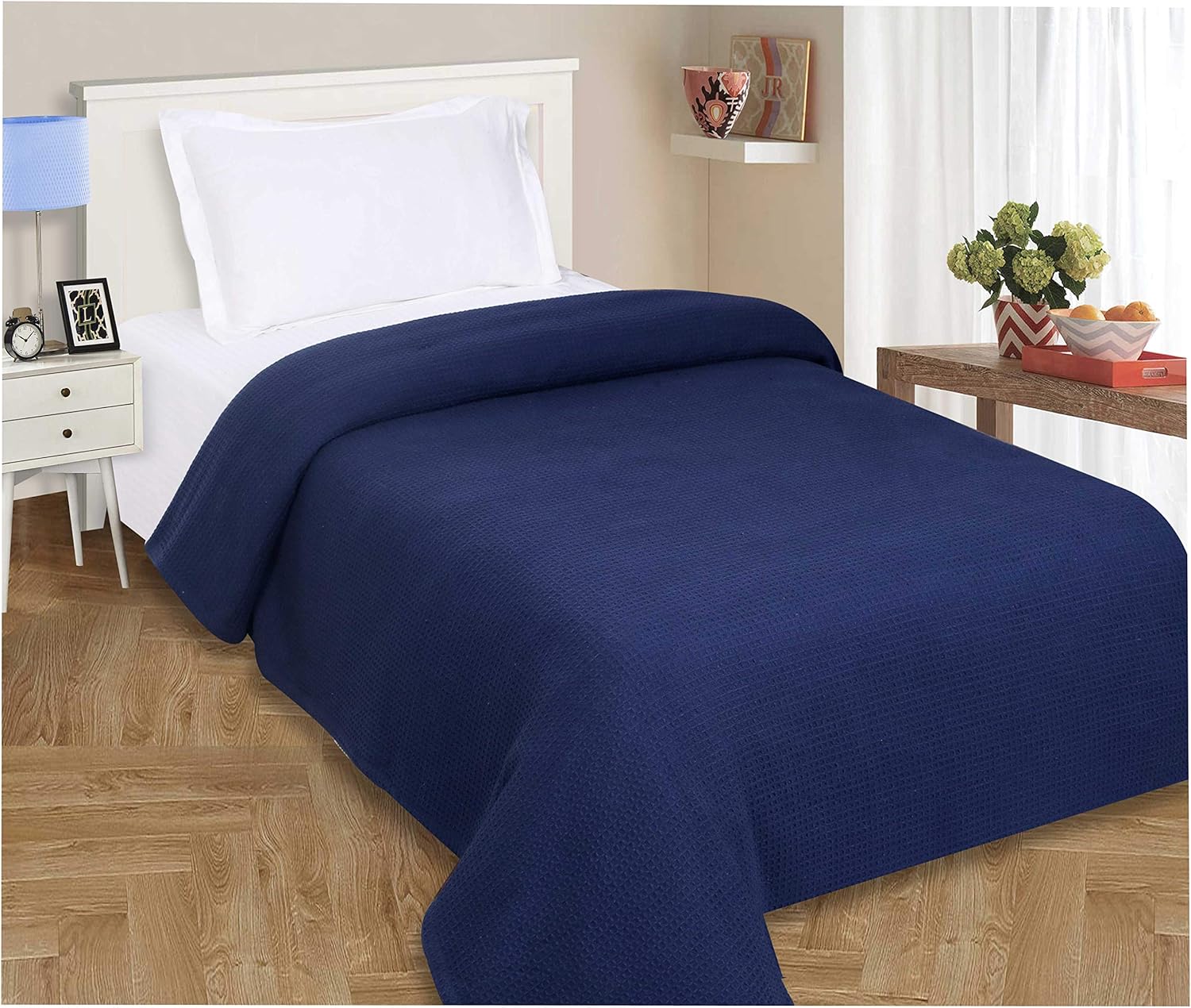 All Season Cotton Thermal Blanket in Waffle Weave Perfect for Layering Any Bed, Navy Color Size