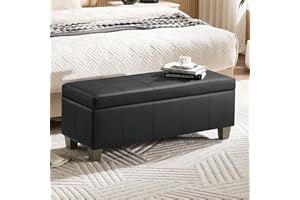 WUTUTUEE 41" Faux Leather Storage Ottoman, Stitch Tufted Rectangle Upholstered End of Bed Storage Bench, Entryway Large Couch Ottoman with Wooden Legs, Dark Black
