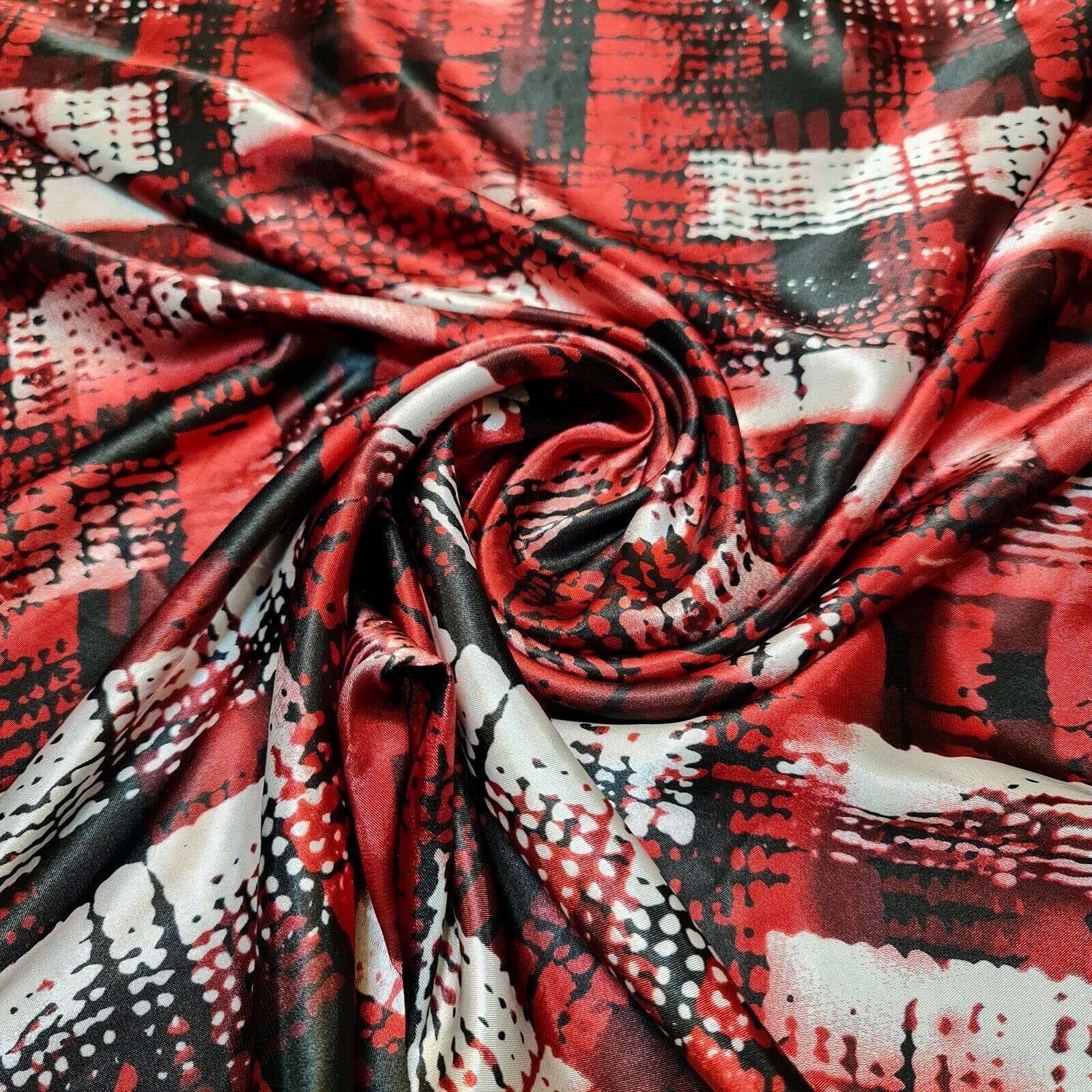 100 Percent Polyester/Poly Silk Silky Satin Fabric, Dressmaking, Wedding, Prom - Dress Craft Fabric Material 58'' 150 cm Wide Sold As 1 Meter Pre Cut Lengths (Red Black White Retro Squares) (EPSAT01)