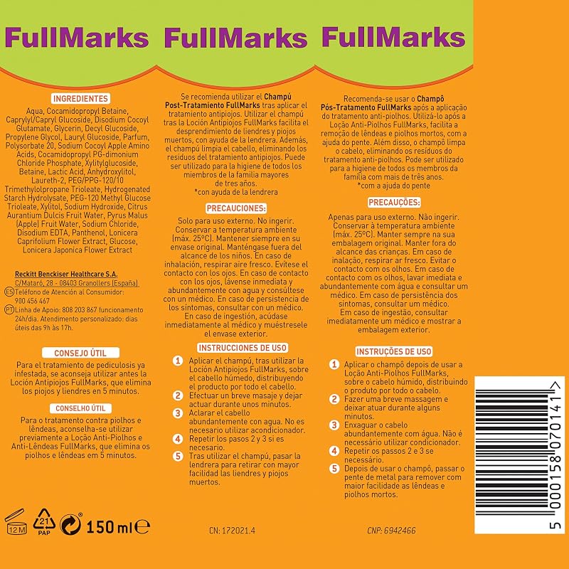 FullMarks Kit Tratamiento Antipiojos para Niños, Elimina los Piojos, Contiene Loción 100 ml, Champú Post-Tratamiento 150 ml y Lendrera Metálica