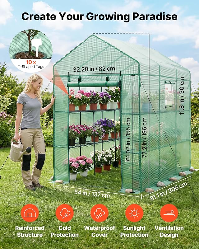 Estufa exterior 137 x 206 x 196 cm, Estufa de jardim com porta enrolável e 2 janelas, prateleiras de 3 níveis, cobertura de PE, viveiro doméstico para plantas, legumes flores, verde