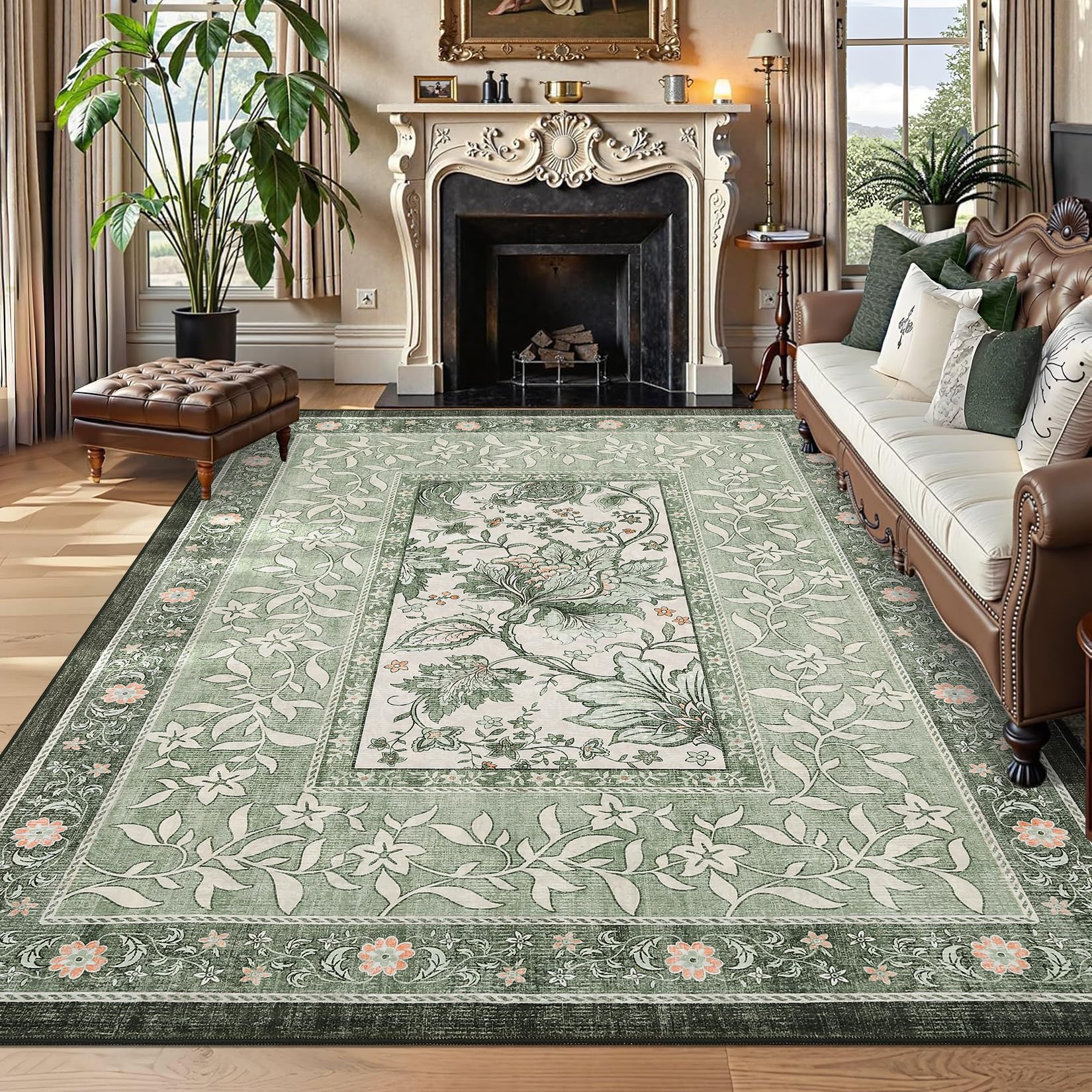 Photo 1 of GarveeHome Provence 8x10 Area Rugs for Living Room, Botanical Grove Sage Green Cottagecore Washable Rug for Bedroom Dining Nursery Low-Pile Vintage Large Carpet