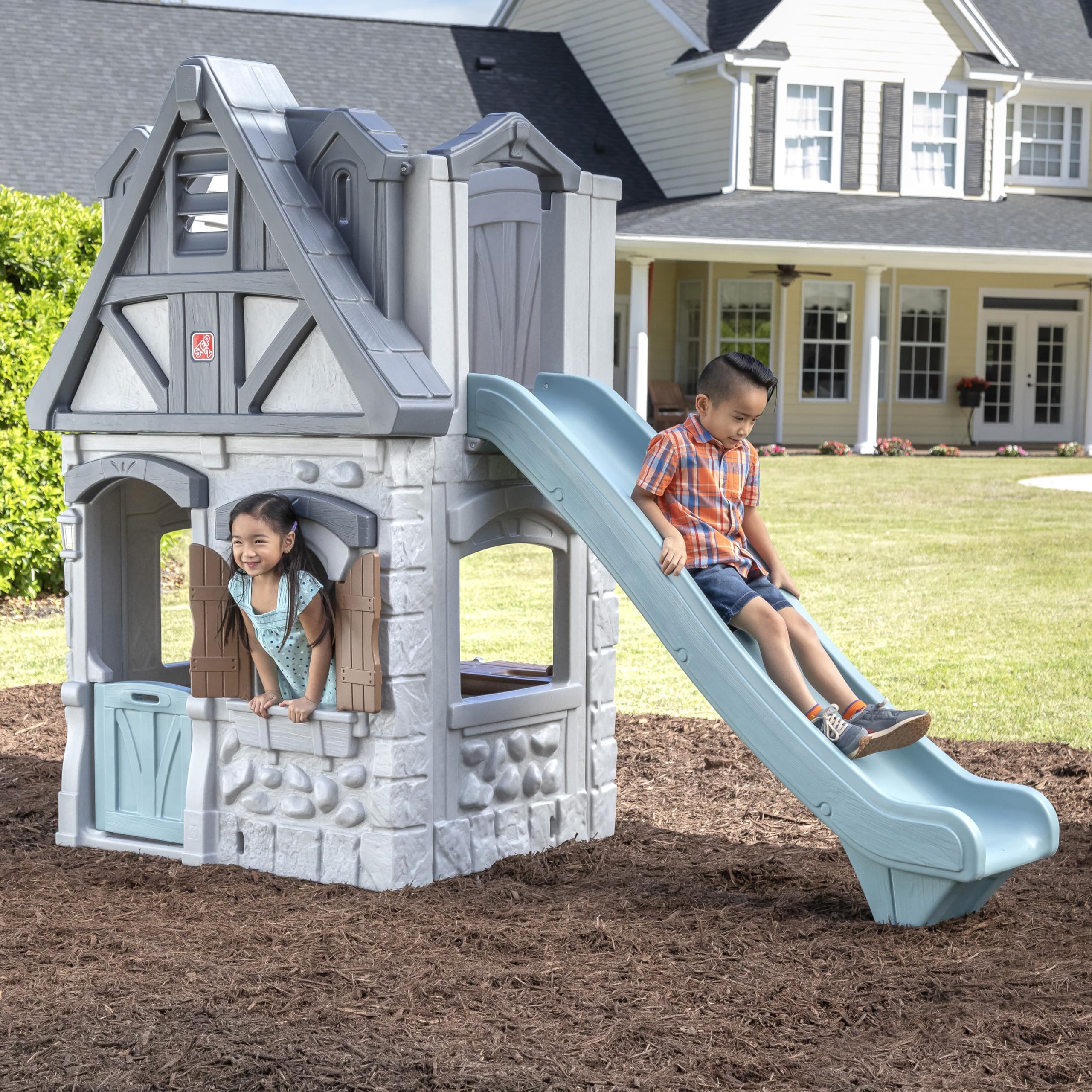 Step2 Enchanting Adventures 2-Story Kids Playhouse, Outdoor Playhouse with Kitchenette & Slide, Rock Climbing Wall, Made of Durable Plastice, For Toddlers 4-8 Years Old