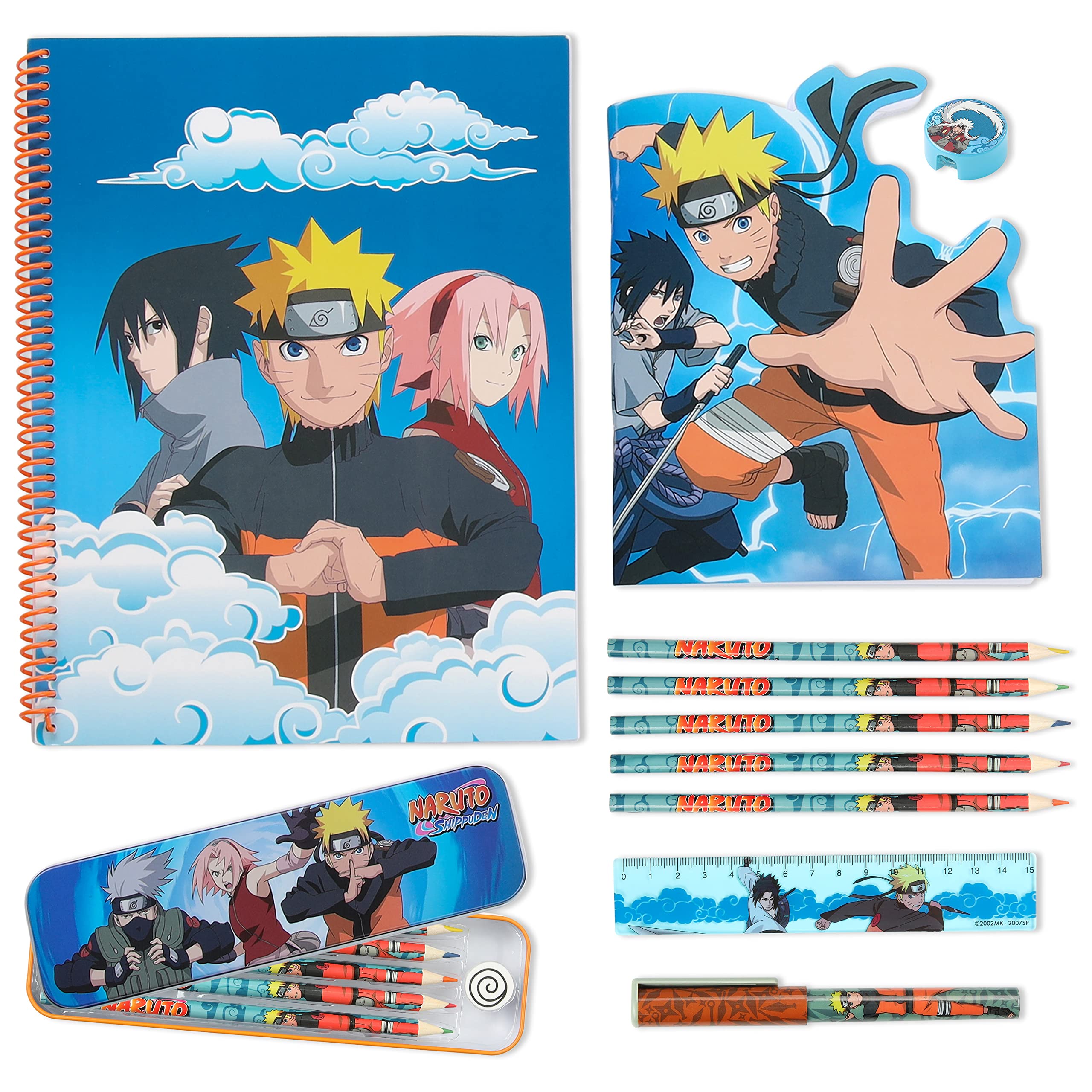 Naruto Stationery Set with Colouring Pencils Tin Pencil Case Childrens Notebooks Bumper Stationery Pack Anime Stationery Set School Supplies Anime Gifts for Boys