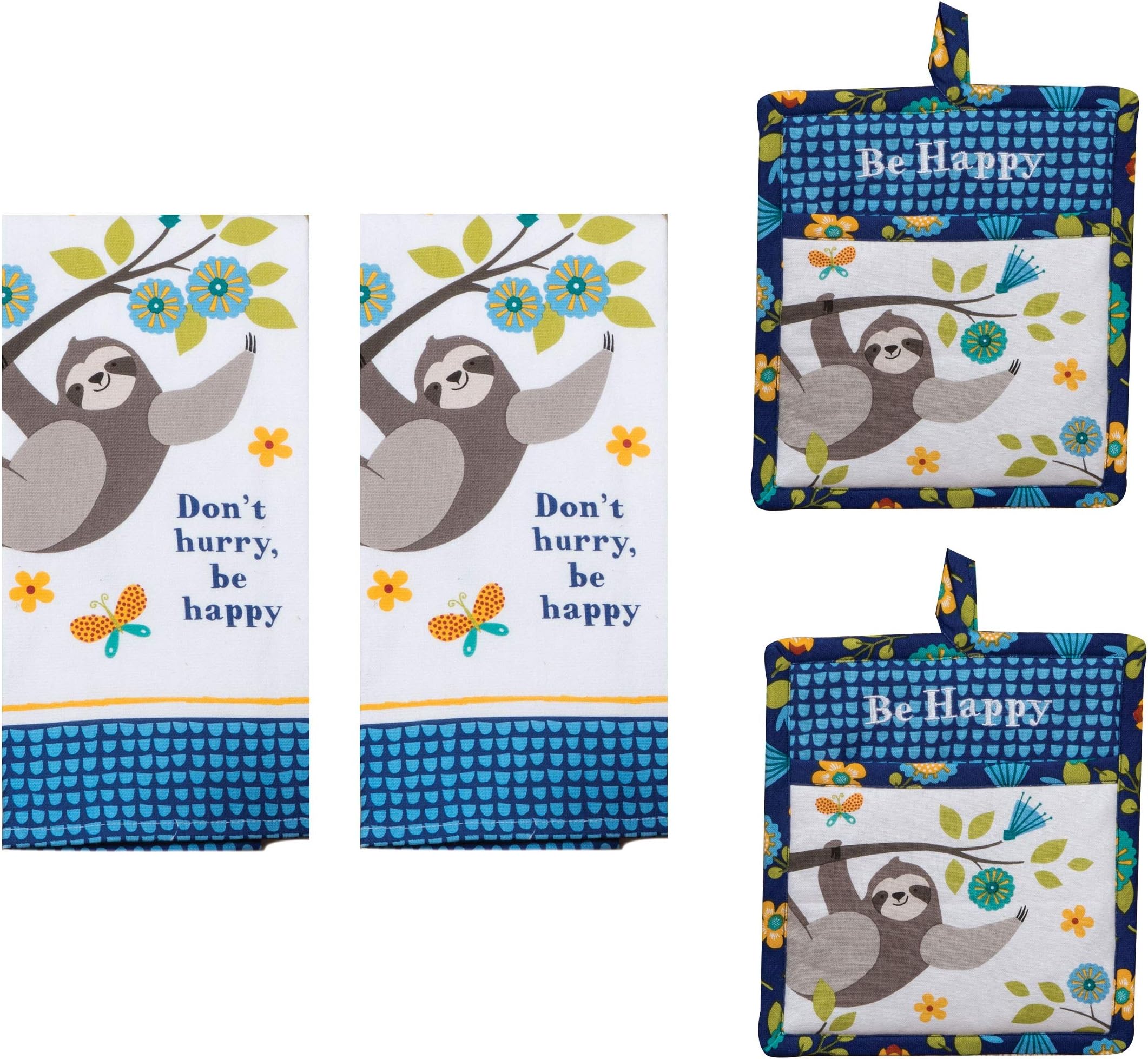 4 Piece Kay Dee Be Happy Sloth Kitchen Decor Bundle, Towels and Potholders