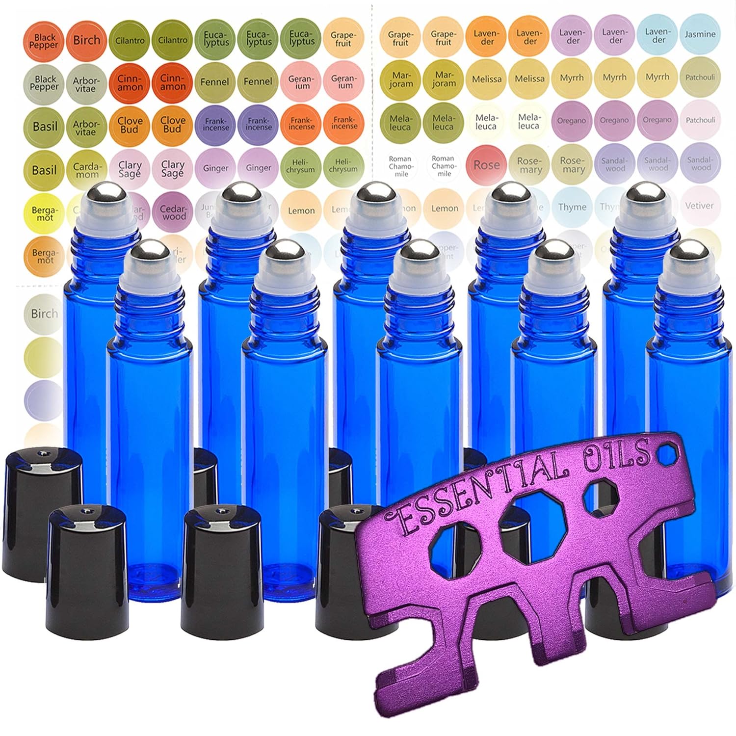 10 Glass Stainless Steel Roller Bottles 10 Pack Cobalt