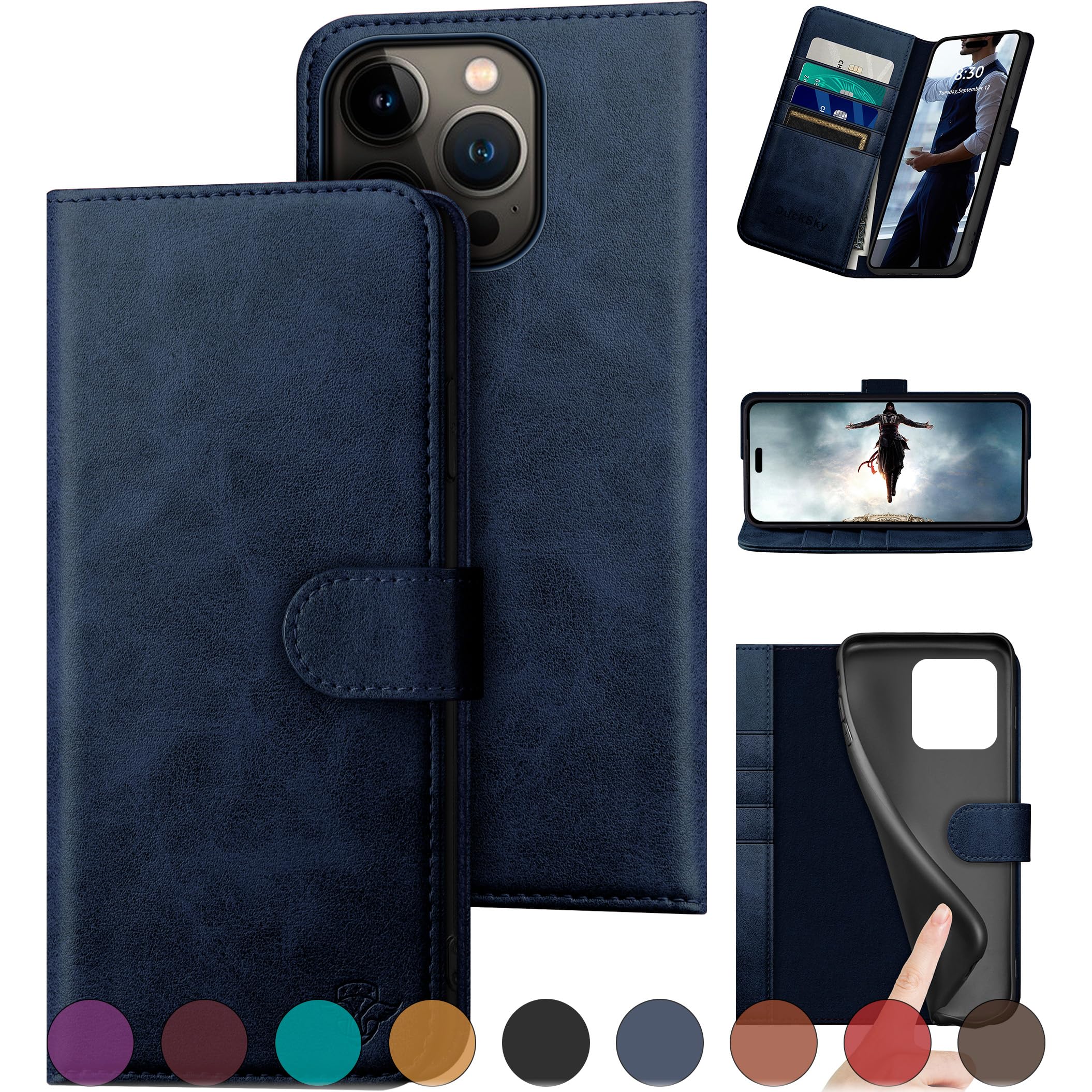 Photo 1 of DuckSky Compatible with iPhone 16 Pro 6.3" Genuine Leather Wallet case?RFID Blocking??4 Credit Card Holder??Real Leather? Flip Folio Book Phone case Cover Women Men for Apple 16 Pro case Dark Blue