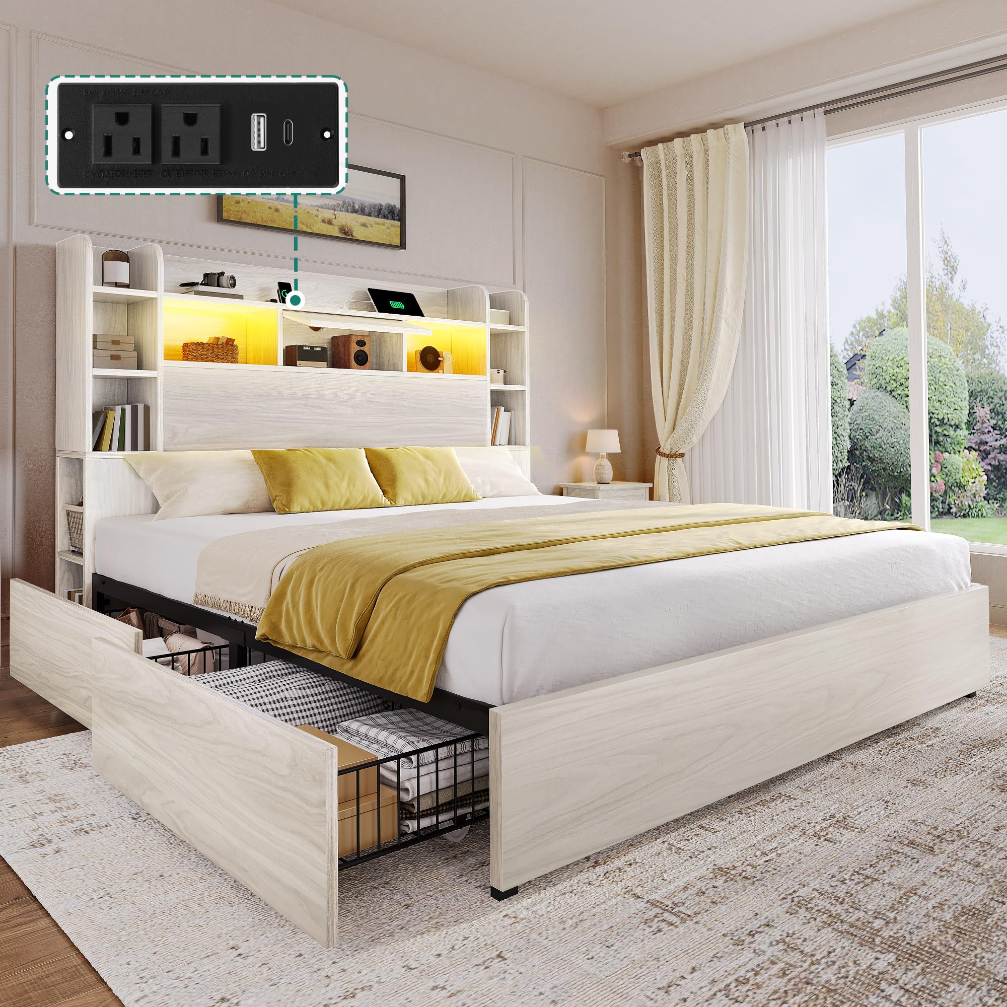 Photo 1 of DWVO Queen Size Bed Frame with Bookcase Headboard and 4 Storage Drawers, RGB LED Bed Frame with Type-C & USB Charging Station Storage Headboard Bed, No Box Spring Needed, Noise Free, Antique White