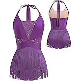 ODASDO Woman Latin Dance Costume Mesh Sequin Bodysuit Sparkly Jumpsuit Halter Neck Tassel Fringe Romper Mini Dress XS-XL