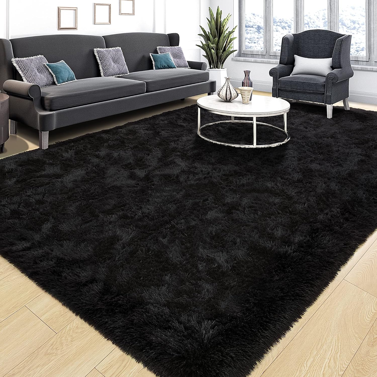 Rugs, Pads & Protectors - Tepook Super Soft Fluffy Rug for Bedroom, Modern Shaggy Fuzzy Kids Rugs for Living Room, Plush Indoor Nursery Home Decor Dorm Carpet with Non-Slip Bottom, Black, 4 X 6 Feet