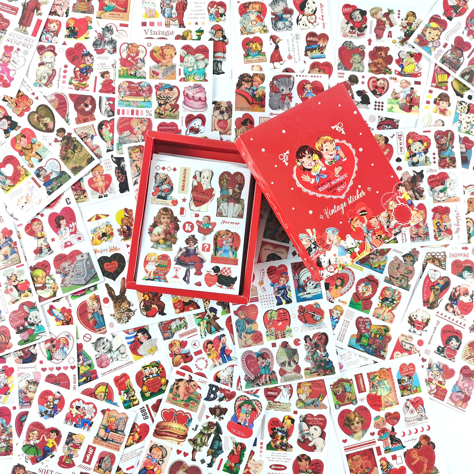 RUIJING 50 Sheets Vintage Washi Stickers Set, Retro Kawaii Character Animal Decorative Sticker for Scrapbooking, Kid DIY Arts Crafts, Bullet Journals, Planners, Calendars, Diary, Notebook(A)