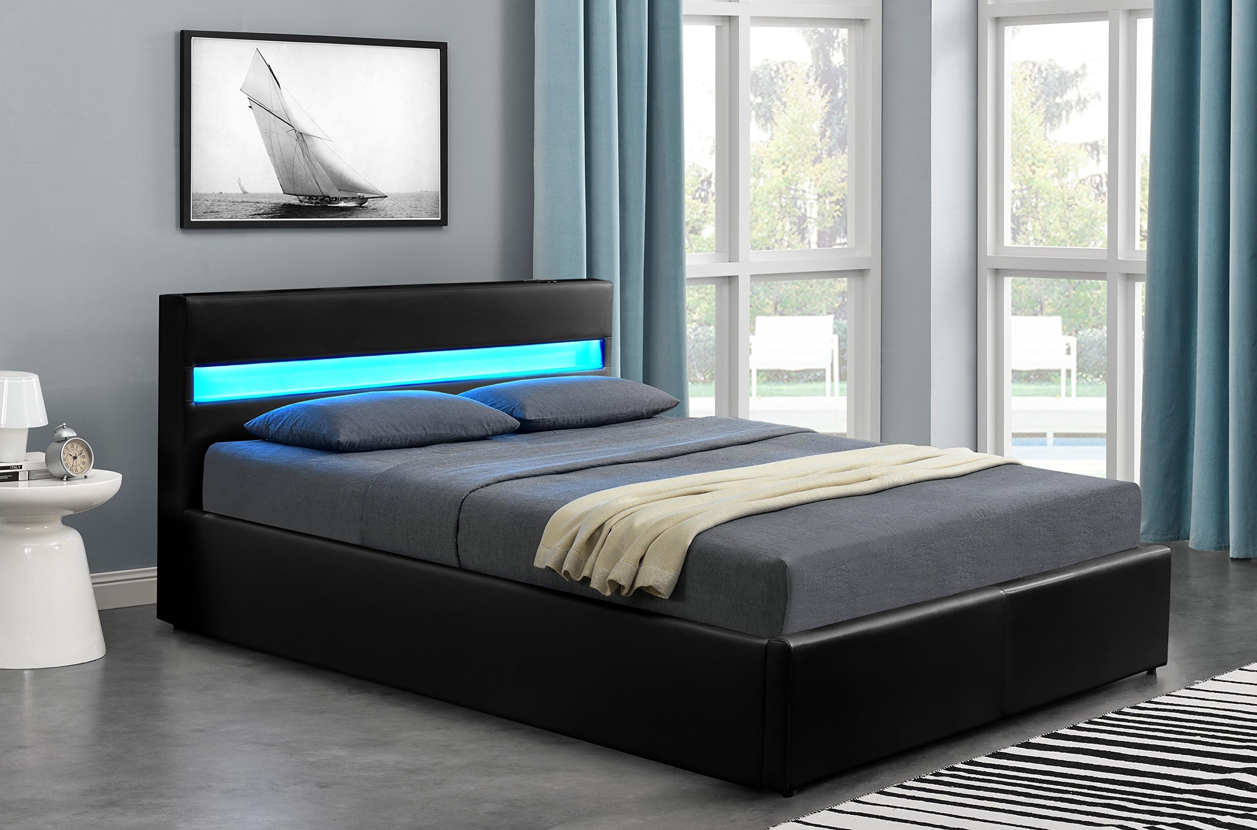 Harmin Music, Ottoman Storage, LED, Leather Bed - Double or King Size *BARGAIN* (Double 4ft6, Black)
