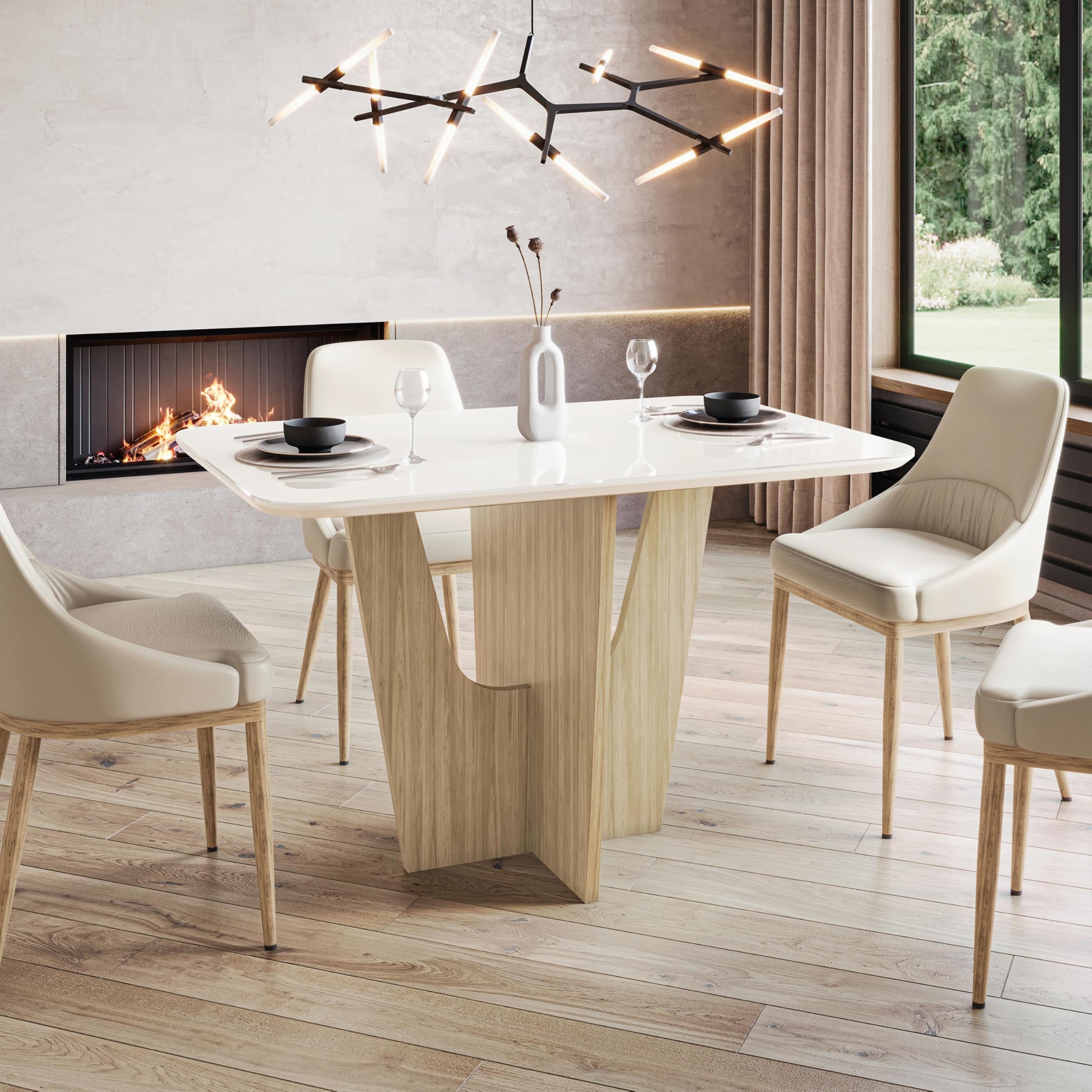 Photo 1 of ***MISSING PARTS *** INCOMPLETE *** Modern Painted Glass Dining Table for 4 with Tempered Glass Top and Contemporary Wood Base, Elegant and Compact Italian-Style Design for Dining Rooms, Warm Beige and Light Oak