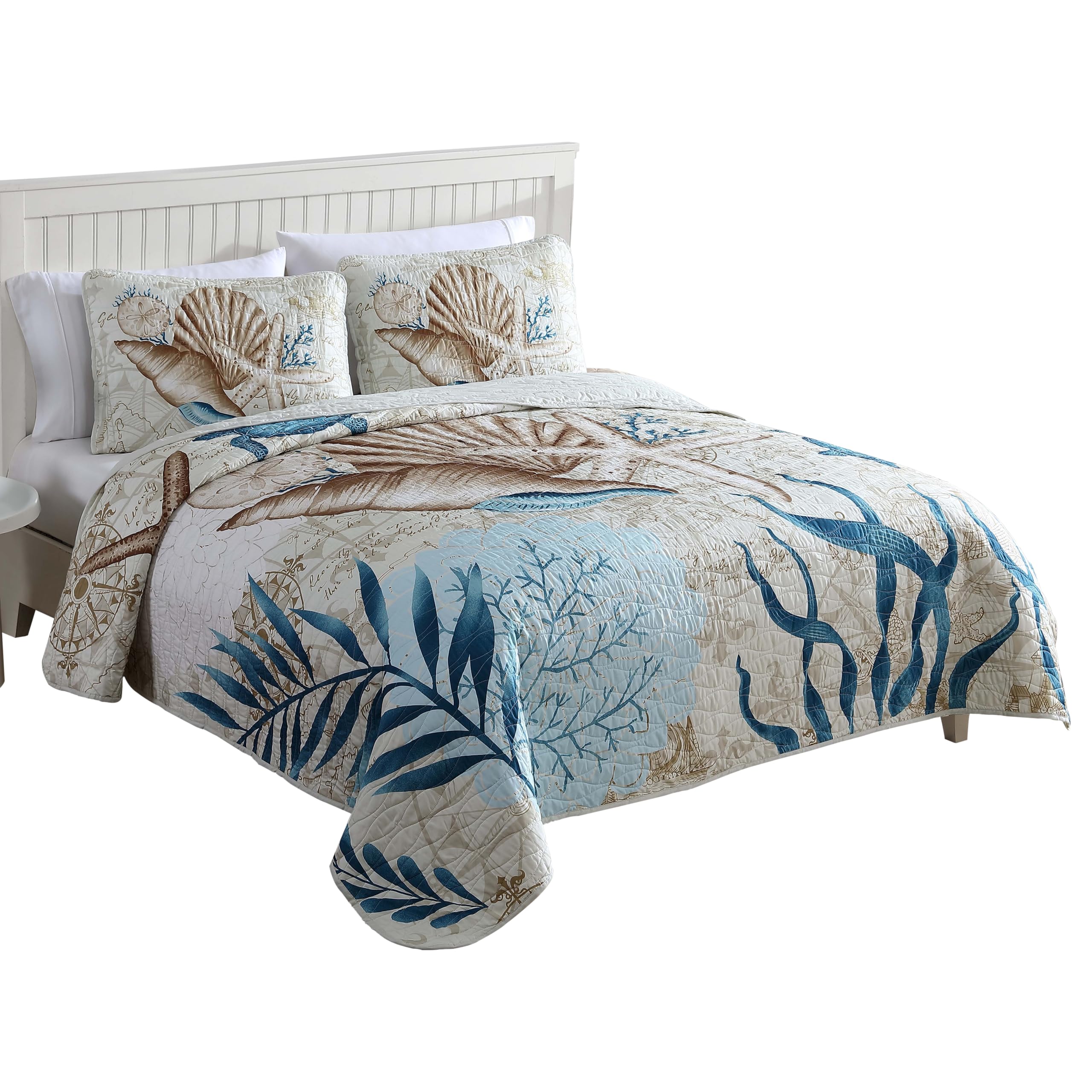 Photo 1 of CARIBBEAN JOE Coastal 3-Piece Quilt Set, King, Blue Sea Turtle