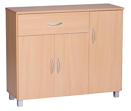 Wohnling Sideboard Jarry 1 Schublade 3 Türen tief Kommode Anrichte aus Holz Büro Esszimmer Flur Mehrzweckschrank Buche, 90 cm
