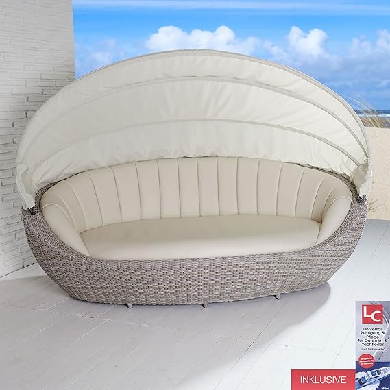 Gemütliche Gartenmuschel aus Polyrattan und Yachtleder in grau/creme