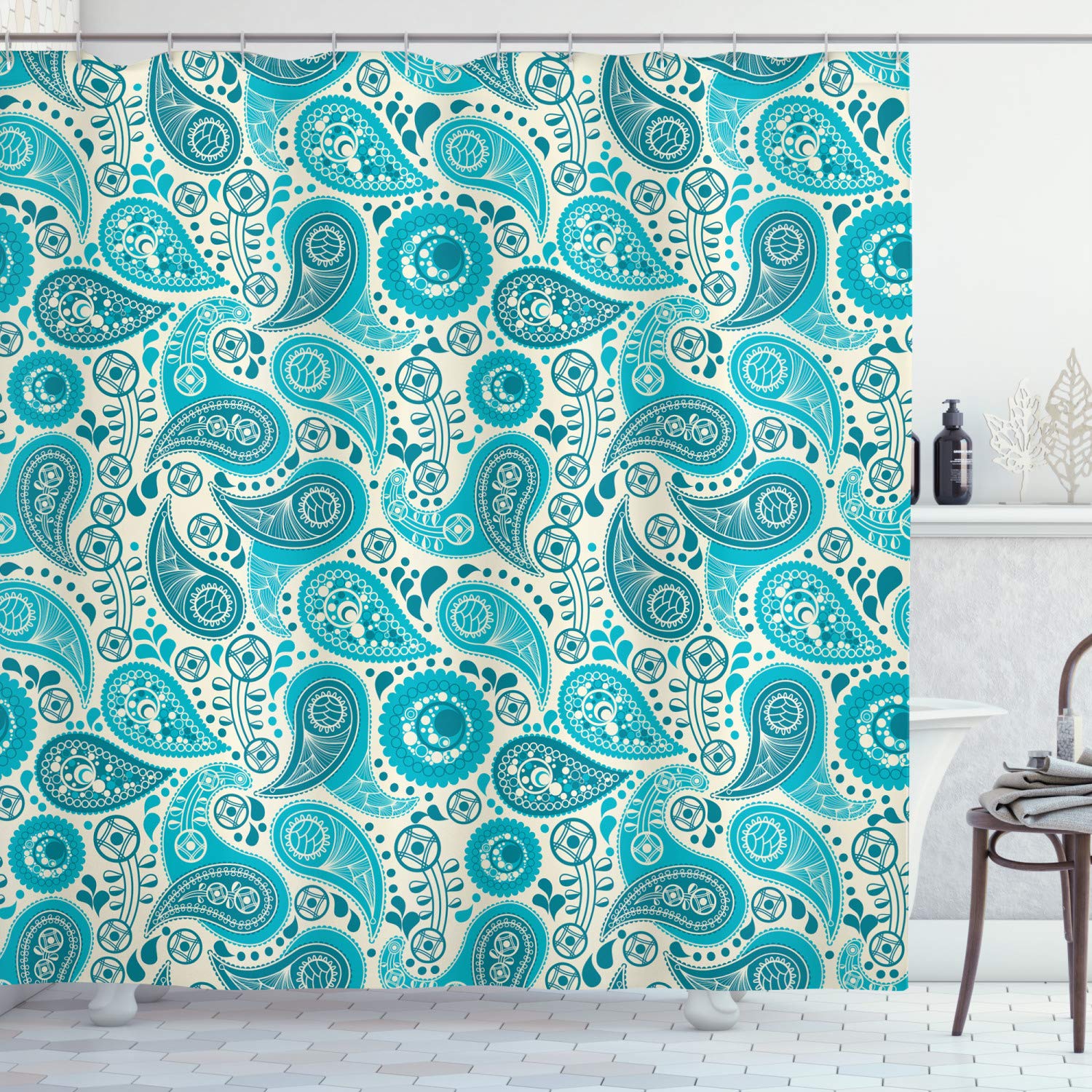ABAKUHAUS Turquoise Shower Curtain, Paisley Pattern Antique Floral Pattern Ornaments Classical Middle Eastern, Cloth Fabric Bathroom Decor Set with Hooks, 70 Inches, Aqua Teal — image 1
