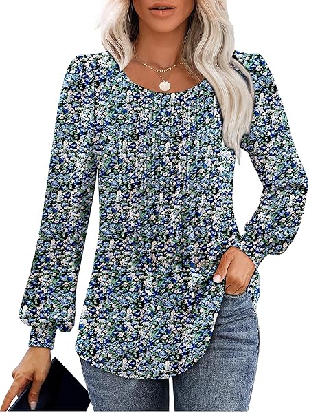 LICEMERE LONG SLEEVE SHIRTS FOR WOMEN FALL FASHION 2025 WOMENS TUNIC TOPS PLEATED CREW NECK PUFF SLEEVE BLOUSES DRESSY CASUAL (FLORAL BLUE,XXL)