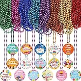 Poen 48 Pcs Happy Birthday Beaded Necklaces Bulk Metallic Neon Beads Colorful Pendant Medallion Necklaces Adult Birthday Party Favors, 16 Styles