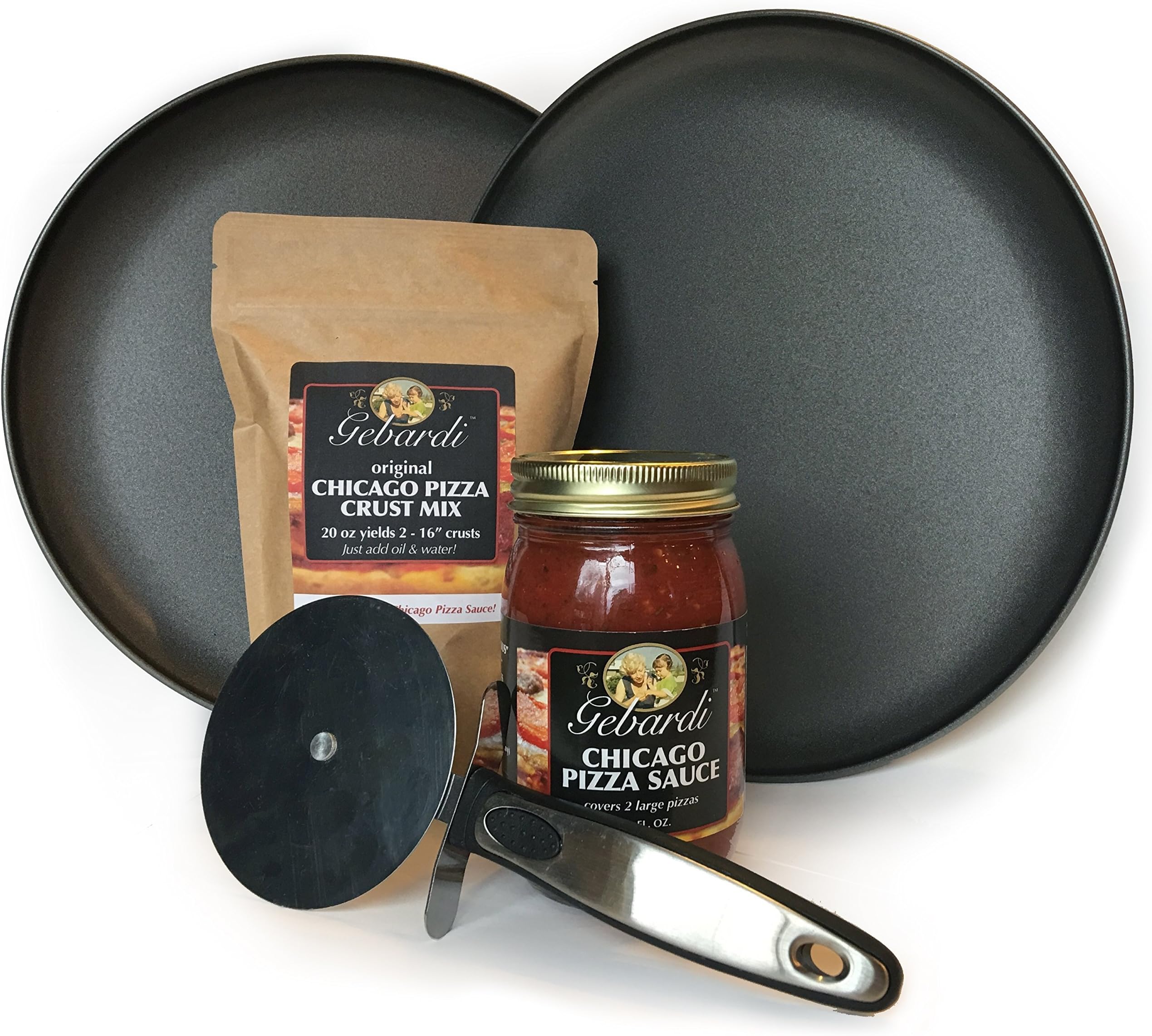 Gebardi Family Chicago Pizza Night Kit - with Non-Stick Steel Pizza Pans, Pizza Crust Mix, Pizza Sauce & Pizza Cutter (Original Chicago Crust Mix/Original Chicago Sauce)