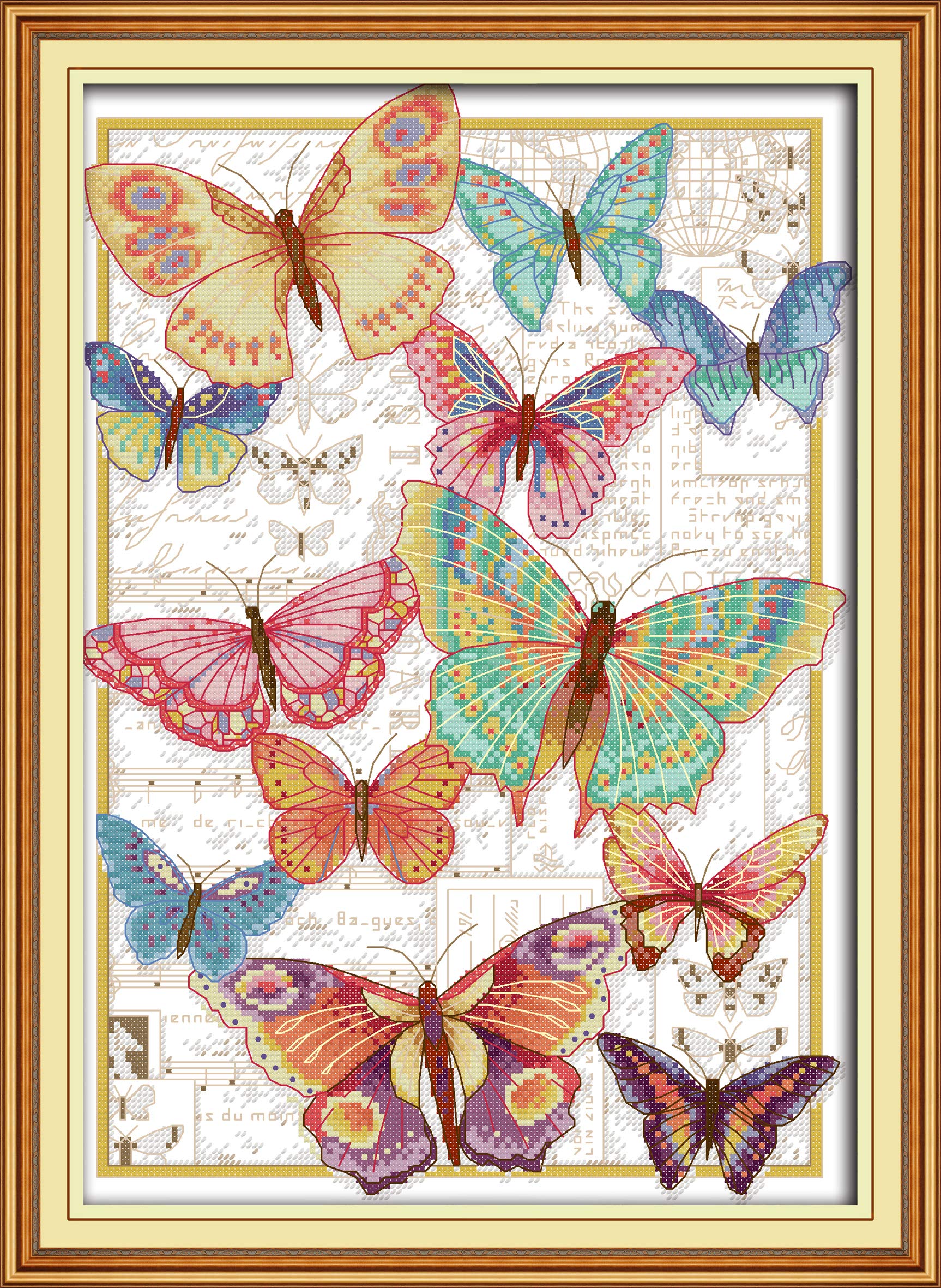 OWN4B Cross Stitch Kits Stamped, Butterflies Fly Freely Printed Pattern 11CT 15.7x21.7 inch DIY Embroidery Kit