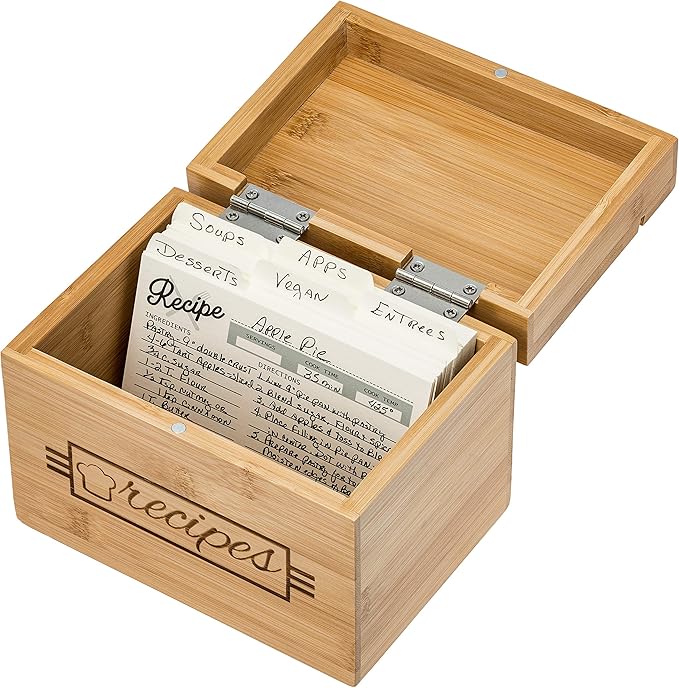 Coitak Rezeptbox Aus Holz - Mit 50 Karten & 6 Trennwänden