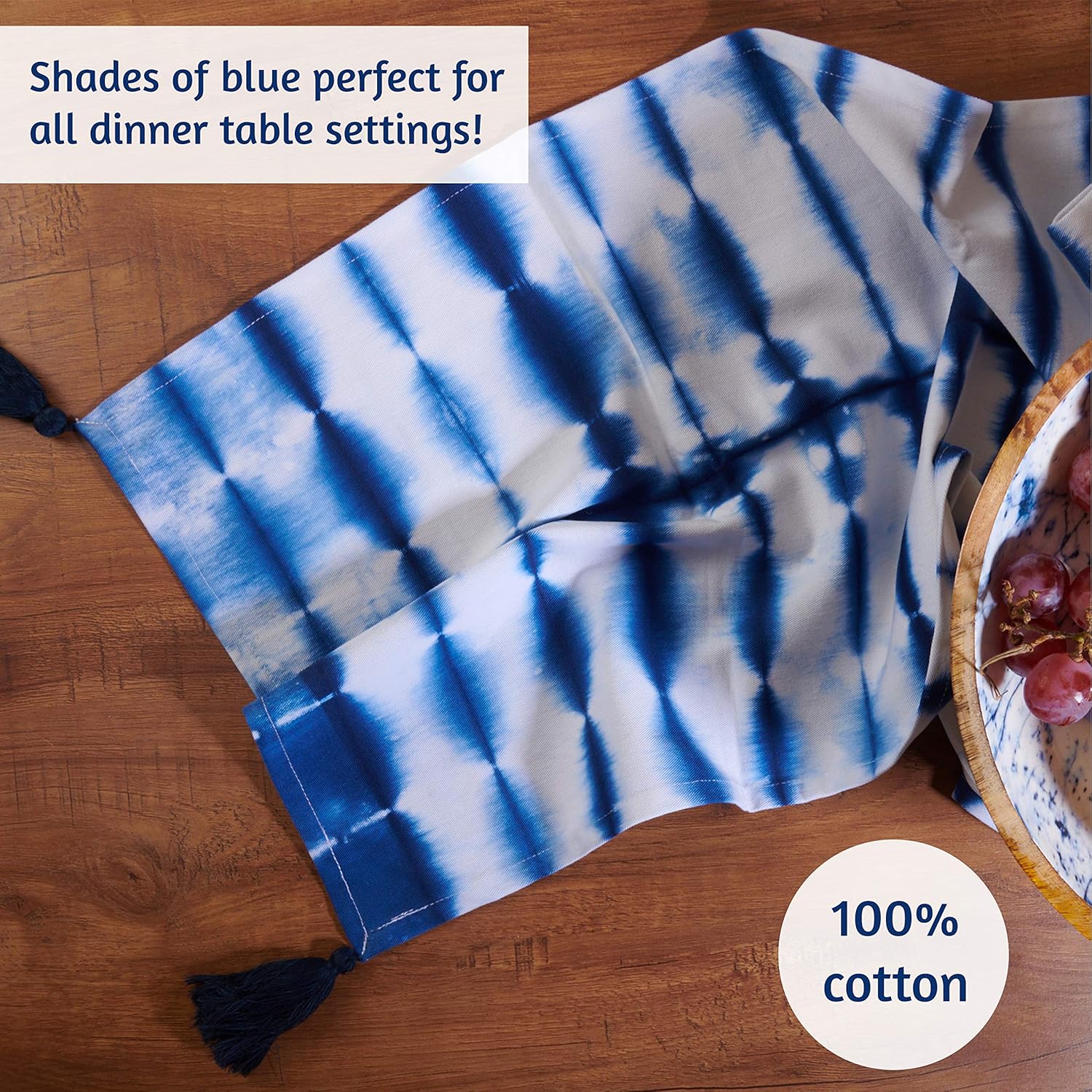 Folkulture Table Runner 14 x 72 inch with Tassels, Boho Table Runner for Farmhouse Style Table Décor or Modern Kitchen Decor, 100% Cotton, Navy Blue Shibori: Home & Kitchen