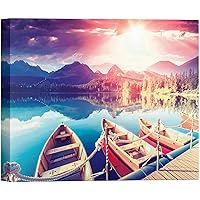 SIGNWIN Canvas Wall Art Sunny Blue Lake with Wooden Boats by The Ocean Dock Landscape Wilderness Modern Art Tropical Panoramic Colorful Ultra for Living Room, Bedroom, Office - 12x18 inches