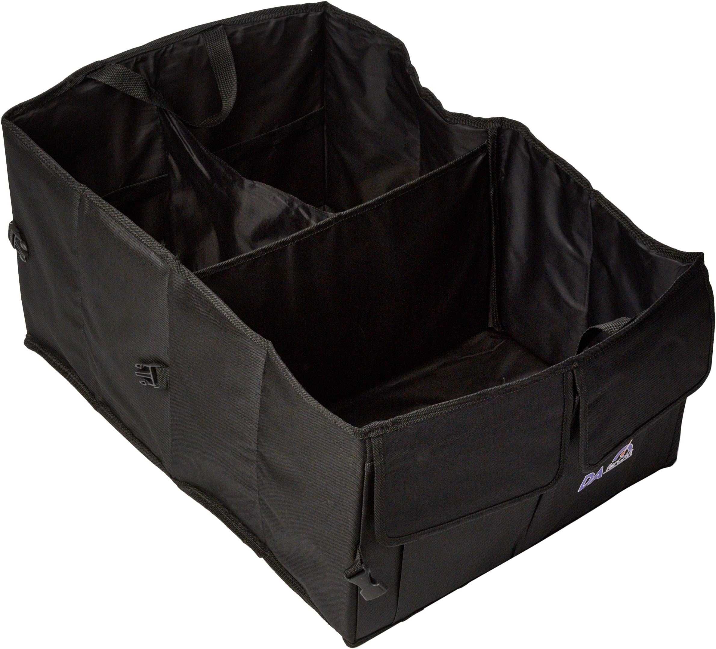 Auto Trunk Organizer for Car, SUV Cargo Organizing, Folding Car Storage Box for Travel Accessories, Space Saver, Non-skid Bottom, 2 Compartments, Side Pockets. Enjoy Your Car Trunk Organized!