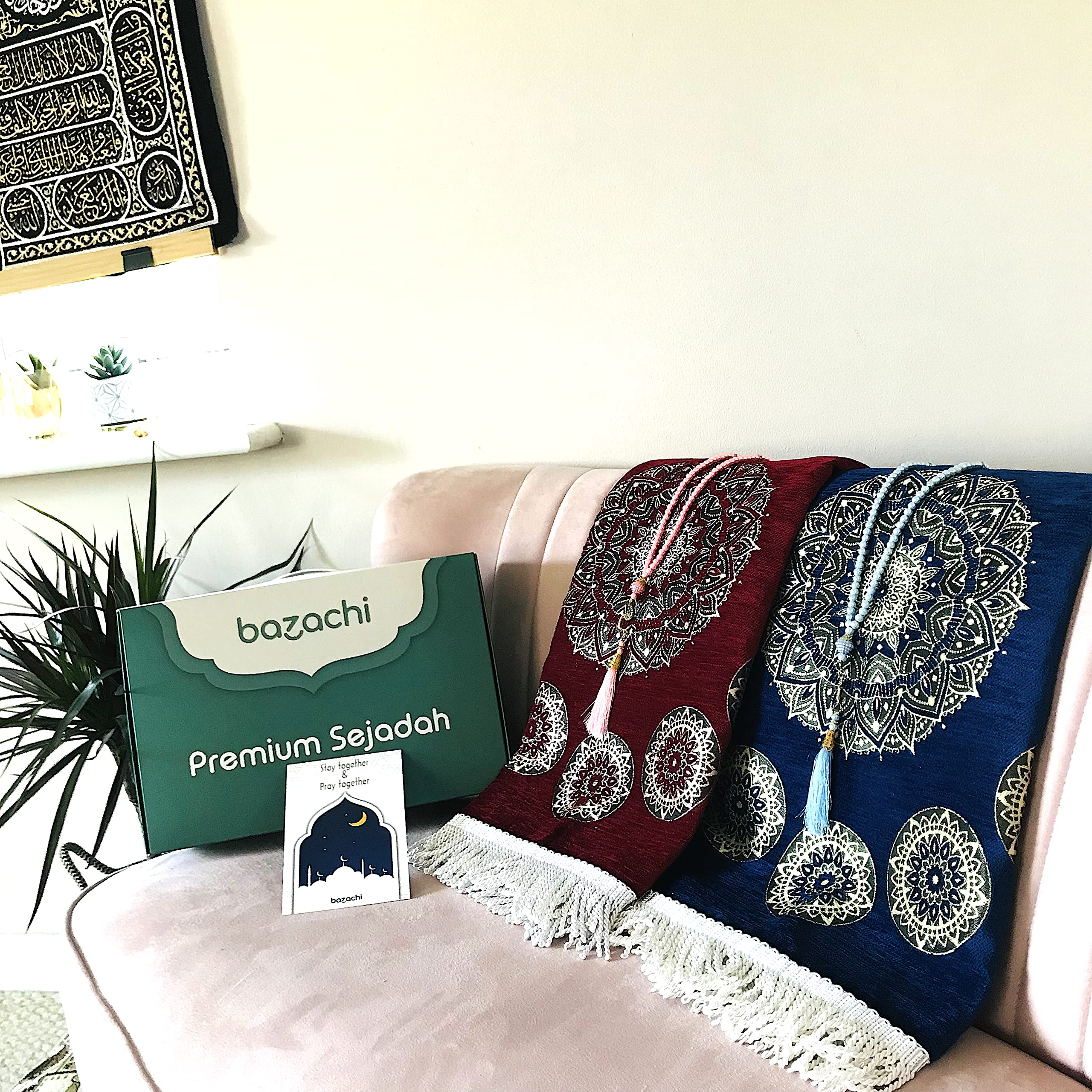 bazachi Couples Prayer Mats with Tasbih and Gift Packaging (Blue & Red)