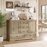 GarveeHome 47&rdquo; Farmhouse Sideboard Buffet Cabinet,5 Drawers,2 Doors,Oak | Adjustable shelves provide flexible storage for dinnerware, kitchen essentials, decor, and everyday items in any room.