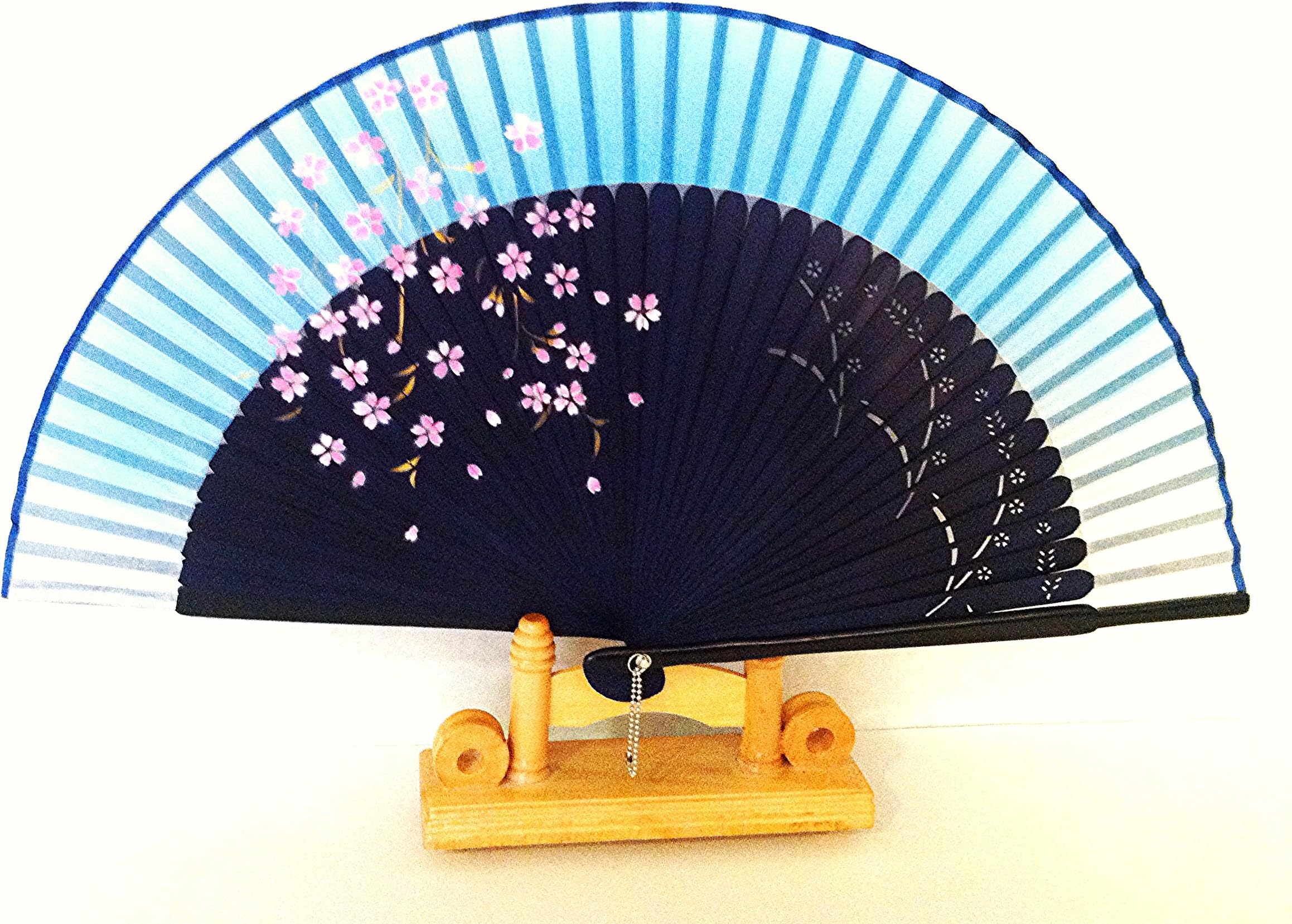 ORIWO Asian Chinese Bamboo Handheld Hand Folding Silk Fan in Cherry Blossom Design with Leaf Pattern Carving on Bamboo Ribs Turquoise Blue Fabriccolor