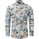 TUNEVUSE Men Floral Dress Shirts Long Sleeve Casual Button Down Flower Printed Shirts 100% Cotton