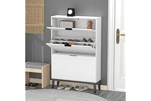 TaoHFE Wooden White Hidden Shoe Cabinet Entryway Shoe Storage Cabinet Narrow Shoe Cabinet Free Standing Shoe Rack Organizer for Closet Shoe Drawer Storage 3 Tier Rack for Front Door Entrance