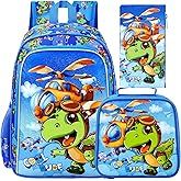 gxtvo 3PCS Boys Dinosaur Backpack, 16" Kids Airplane Bookbag with Lunch Box, Water Resistant Elementary Preschool Toddler School Bag