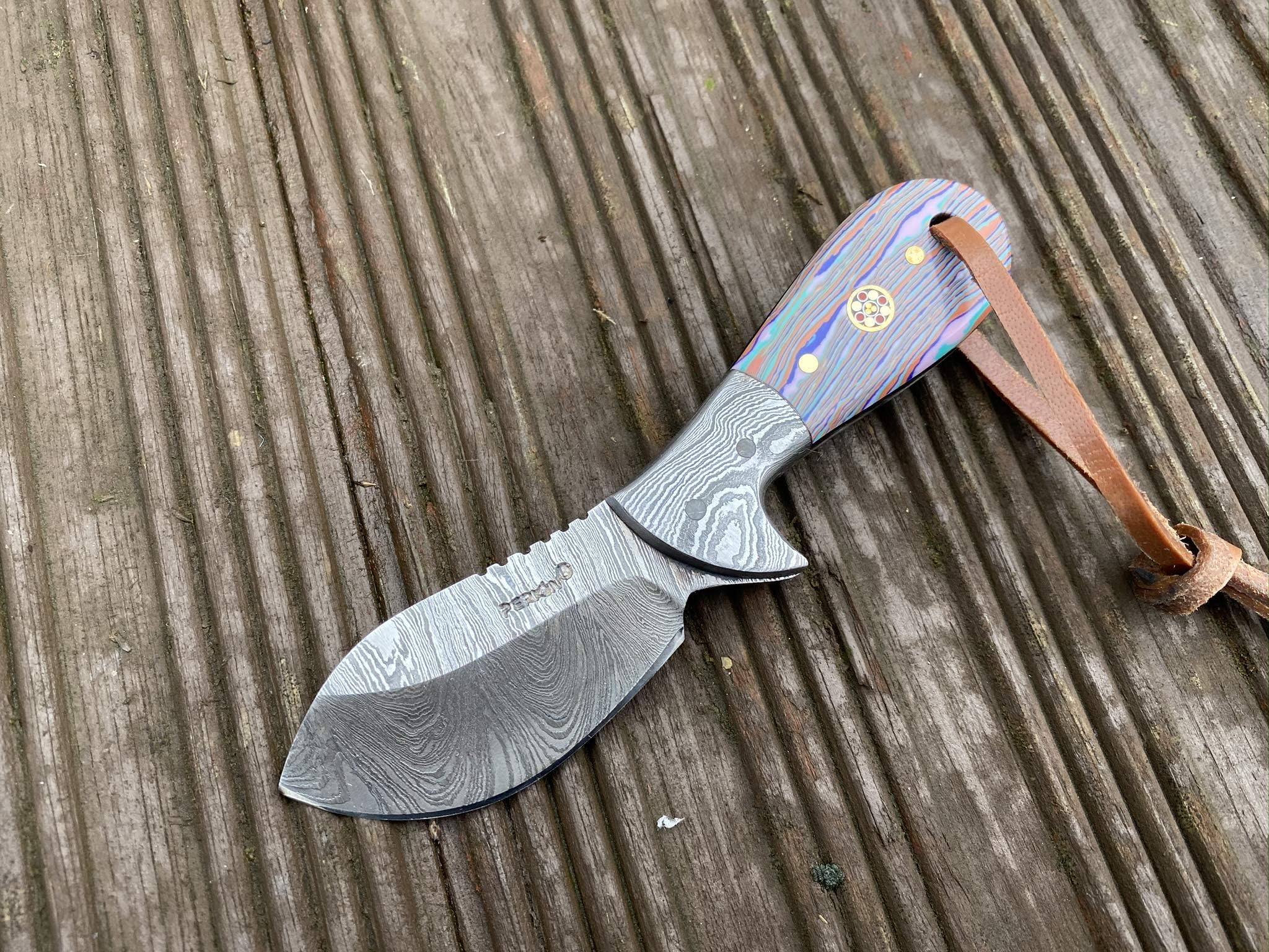 Perkin - 15SB | Damascus Steel Knife | 5 inches Small Hunting Knife with Leather Sheath