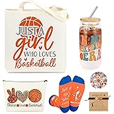 JoycuFF Basketball Gifts for Girls Basketball Stuff Accessories for Girl Include 16OZ Glass Cup, Tote Bag, Makeup Bag, Bracelet, Funny Socks, Stickers Christmas Gifts for Sport Lovers & Players