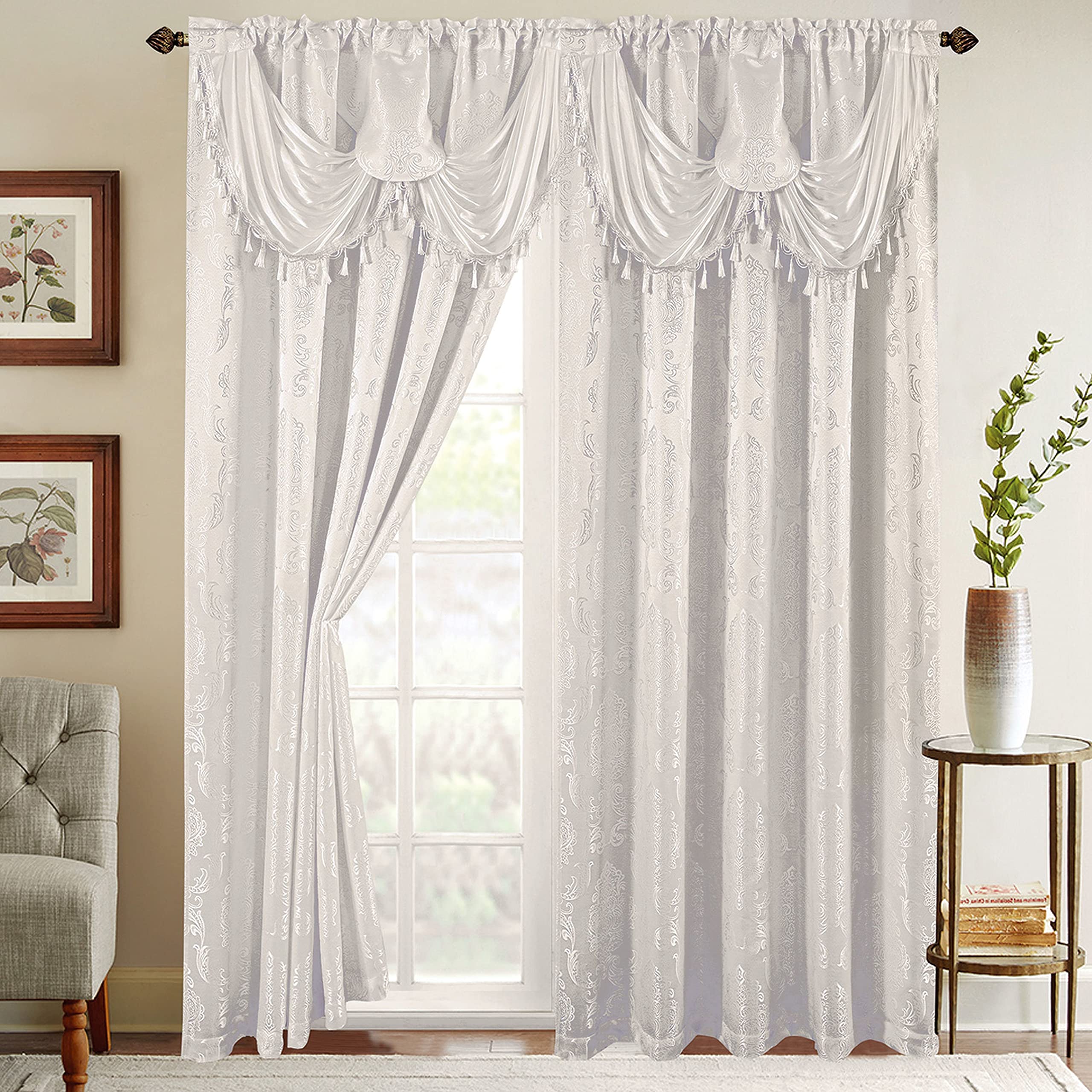 Elegant Comfort Jacquard Look Curtain Panel Set with Attached Waterfall Valance, (Set of 2), 54 x 84 Inches, White