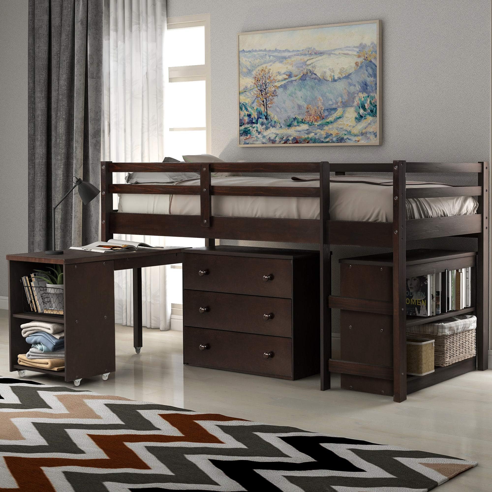 Low Study Twin Loft Bed with Cabinet and Rolling Portable Desk, Harper&Bright Designs Panel Style Solid Wood Loft Bed with Ladder Safety Rail for Kids Boys & Girl Ship from USA Warehouse (Espresso)