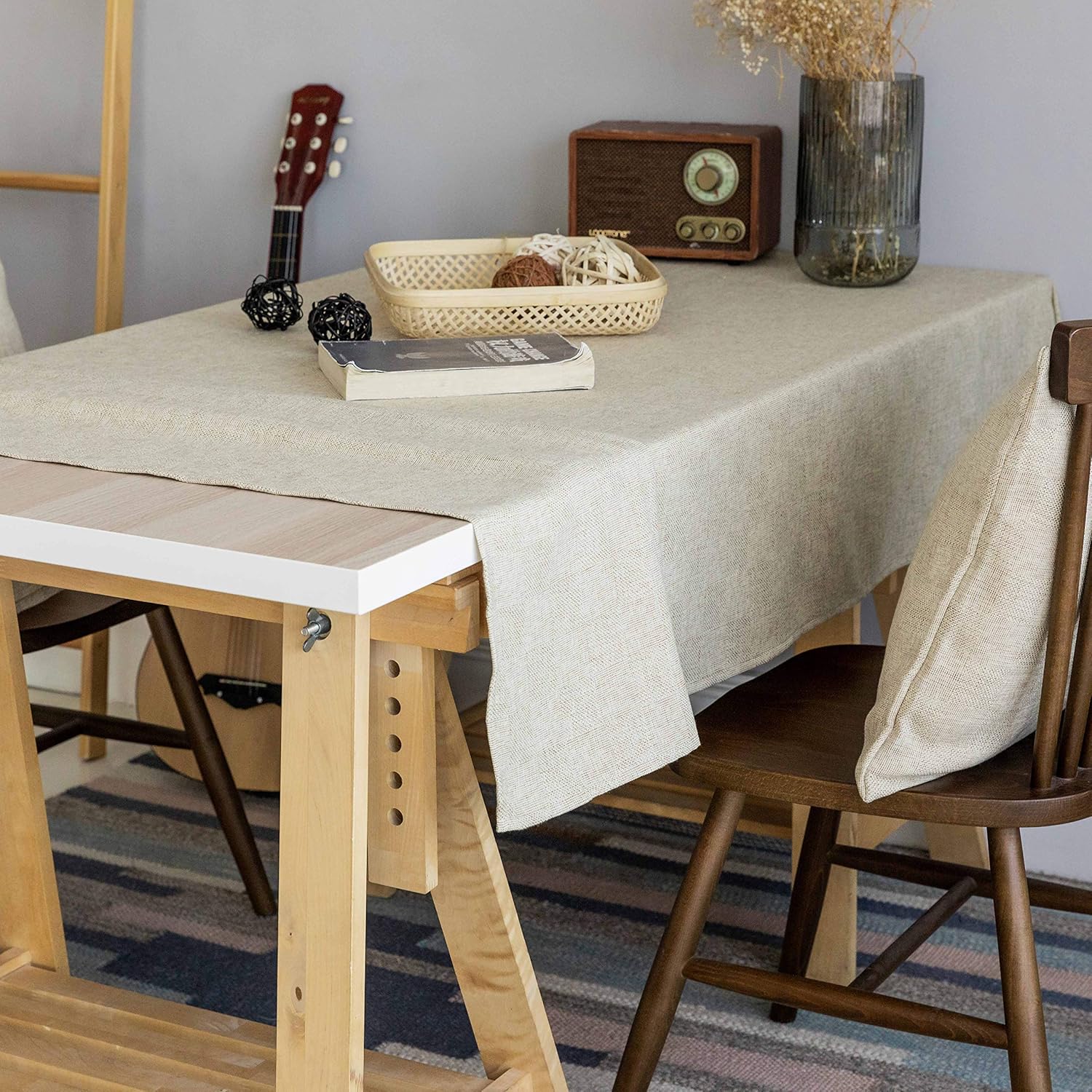 Home Brilliant Tablecloth Solid Soft Linen Farmhouse Checker Table Covers for Party Kitchen Indoor Outdoor Table Clothes for Dining Table, 52x86 inch, Natural: Furniture & Decor