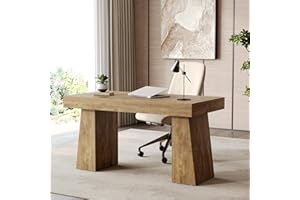 LITTLE TREE 55 Inches Long Computer Desk, Large Wooden Home Office Desk with Heavy Duty Pedestal, Modern Simple Style Study W