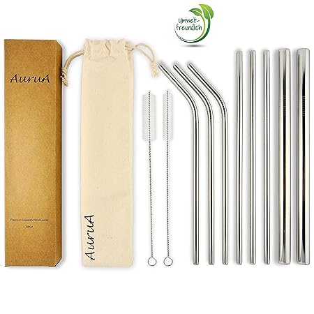 Plastikfreie silber Trinkhalme aus Edelstahl | Metall Strohhalm Set wiederverwendbar, extra breite Jumbo Strohhalme | für Coc